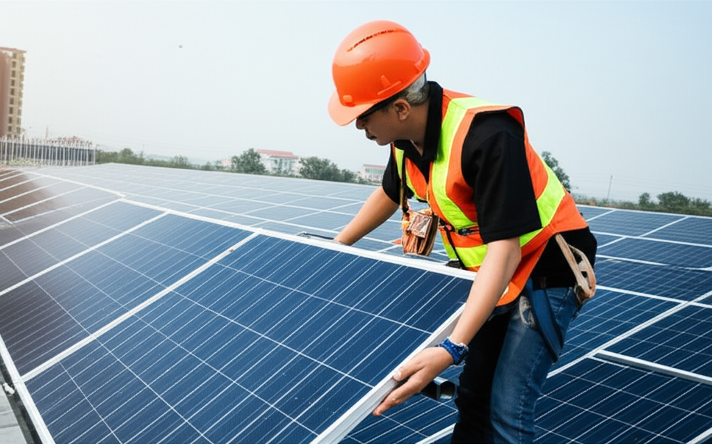 Técnico instalando painéis solares